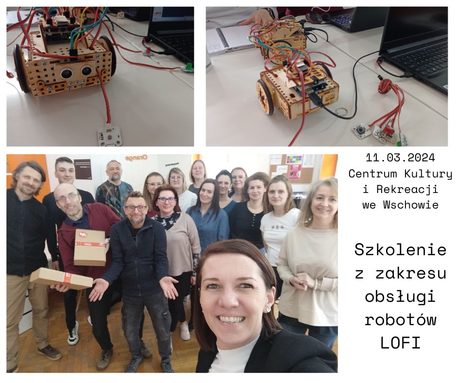kolaż zdjęć lofi robotów oraz bibliotekarzy podczas szkolenia z napisem 11.03.2024 centrum kultury i rekreacji we wschowie szkolenie z zakresu obsługi robotów LOFI