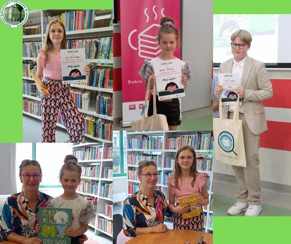 kolaż zdjęć nagrodzonych dzieci z dyplomami i pisarką Elizą Piotrowską po lewej logo biblioteki