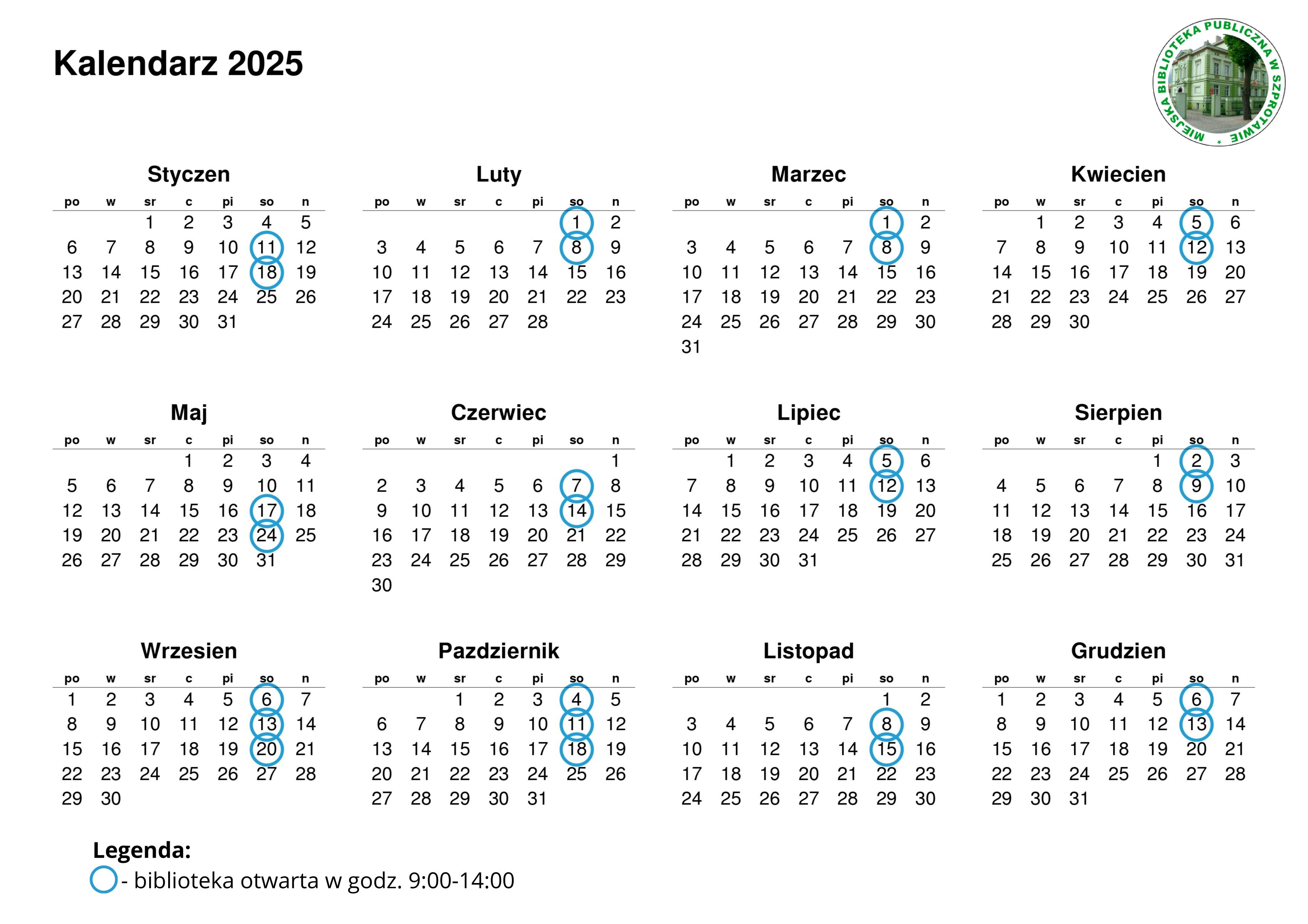 kalendarz biblioteki na 2025 rok z wyszczególnionymi sobotami roboczymi, po prawej logo biblioteki