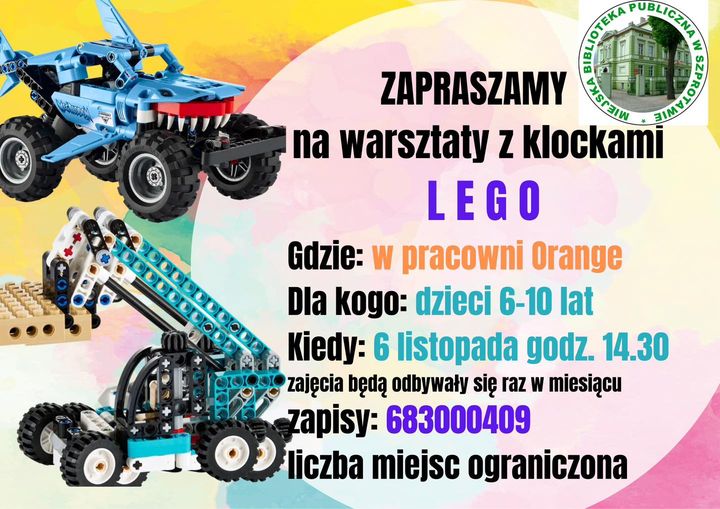 Zapraszamy na warsztaty z klockami lego. gdzie w pracowni orange, dla kogo dla dzieci 6-10 lat, kiedy 6 listopada godz. 14:30. zajęcia będą odbywały się raz w miesiącu. zapisy 683000409. liczba miejsc ograniczona.