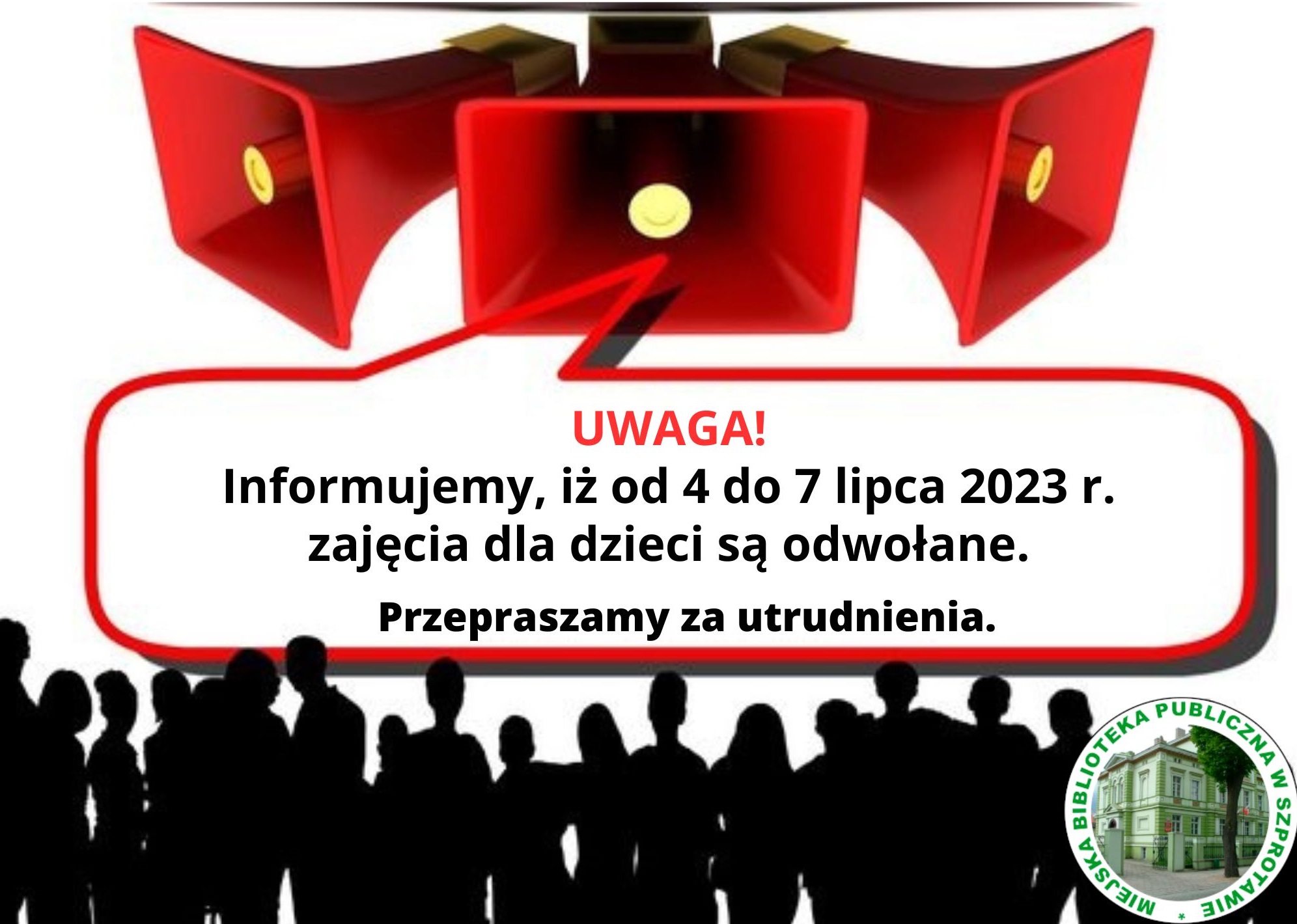 UWAGA Informujemy, iż od 4 do 7 lipca 2023 r. zajęcia dla dzieci są odwołane. Przepraszamy za utrudnienia.