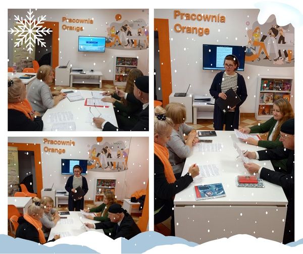 kolaż zdjęć bibliotekarki oraz kursantów w trakcie nauki j. niemieckiego i podczas czytania tekstu o śniegu