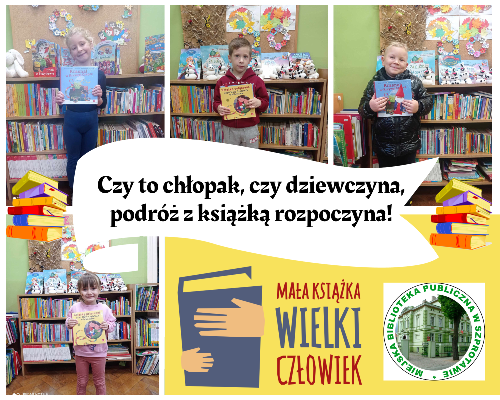 kolaz zdjęć dzieci z wyprawkami i napis czy to chłopak czy dziewczyna podróż książką rozpoczyna obok logo projektu i biblioteki